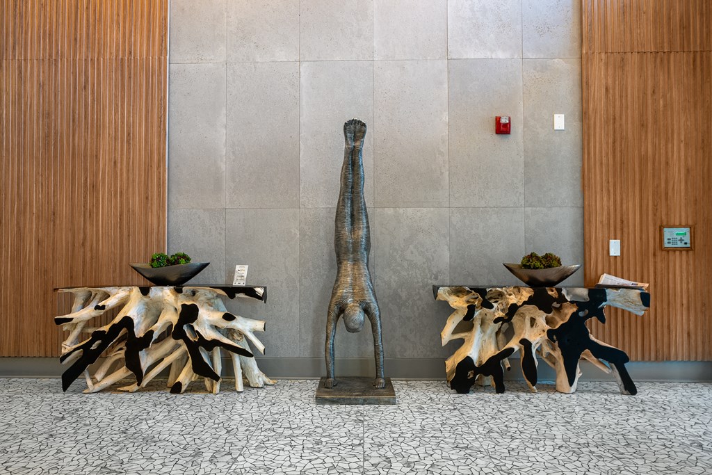 a sculpture in the lobby at Trend Design District, Texas