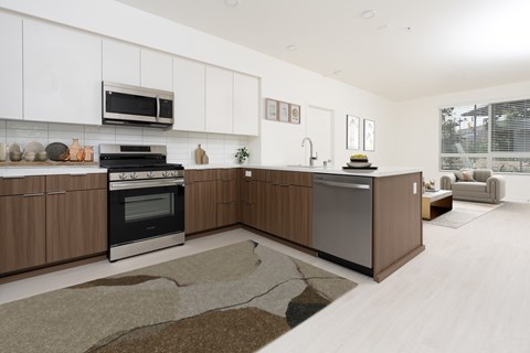 A modern kitchen with wooden cabinets and a black and white oven.