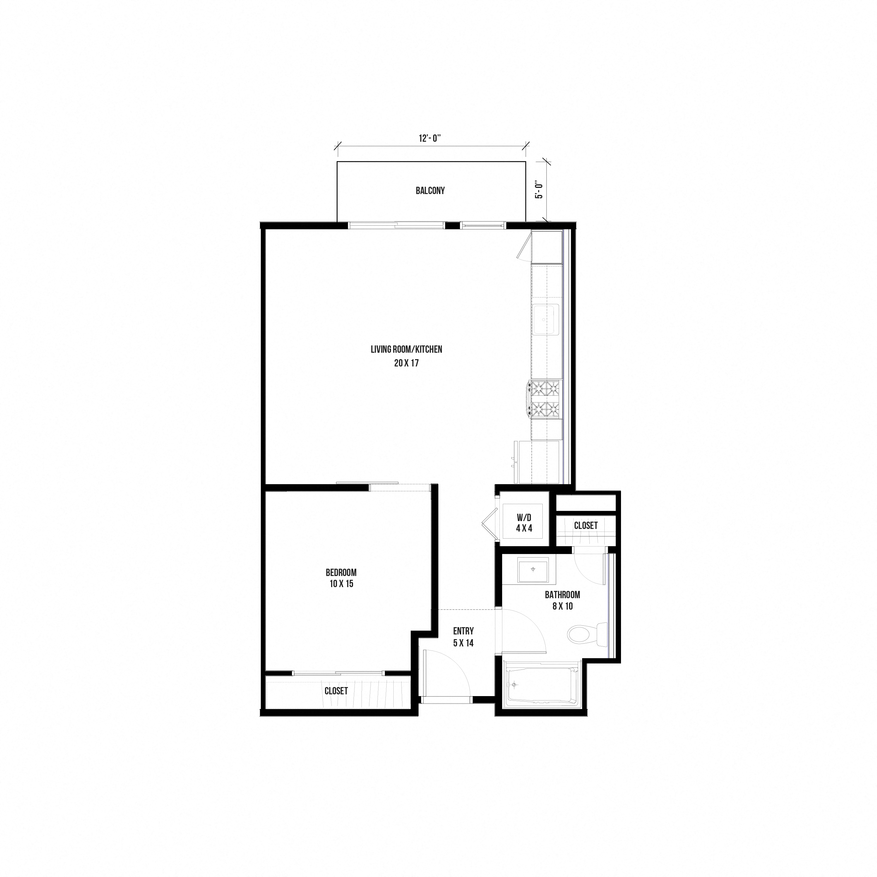 1B3 – 1 Bedroom 1 Bath Floor Plan Layout – 676 Square Feet