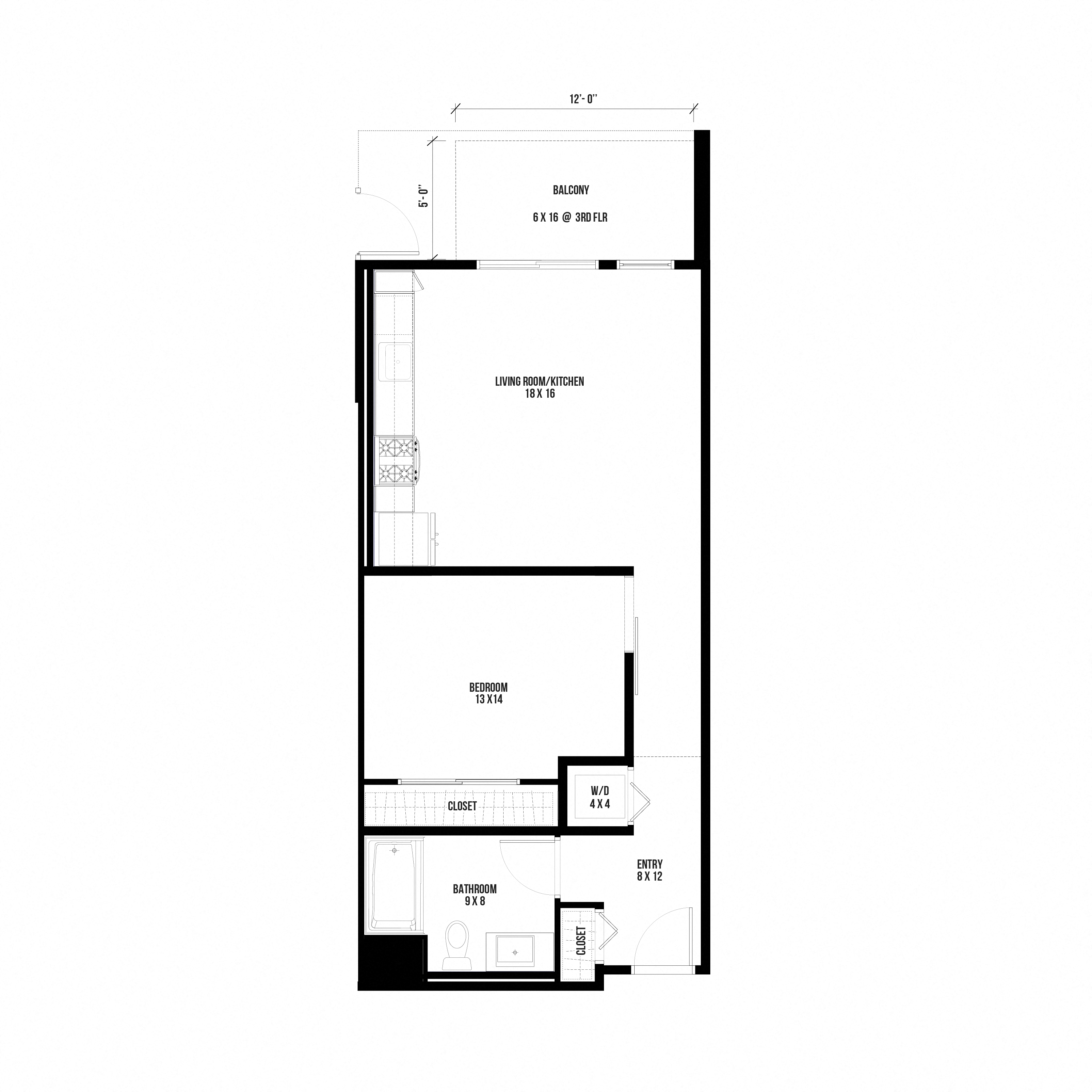 1B4 – 1 Bedroom 1 Bath Floor Plan Layout – 673 Square Feet