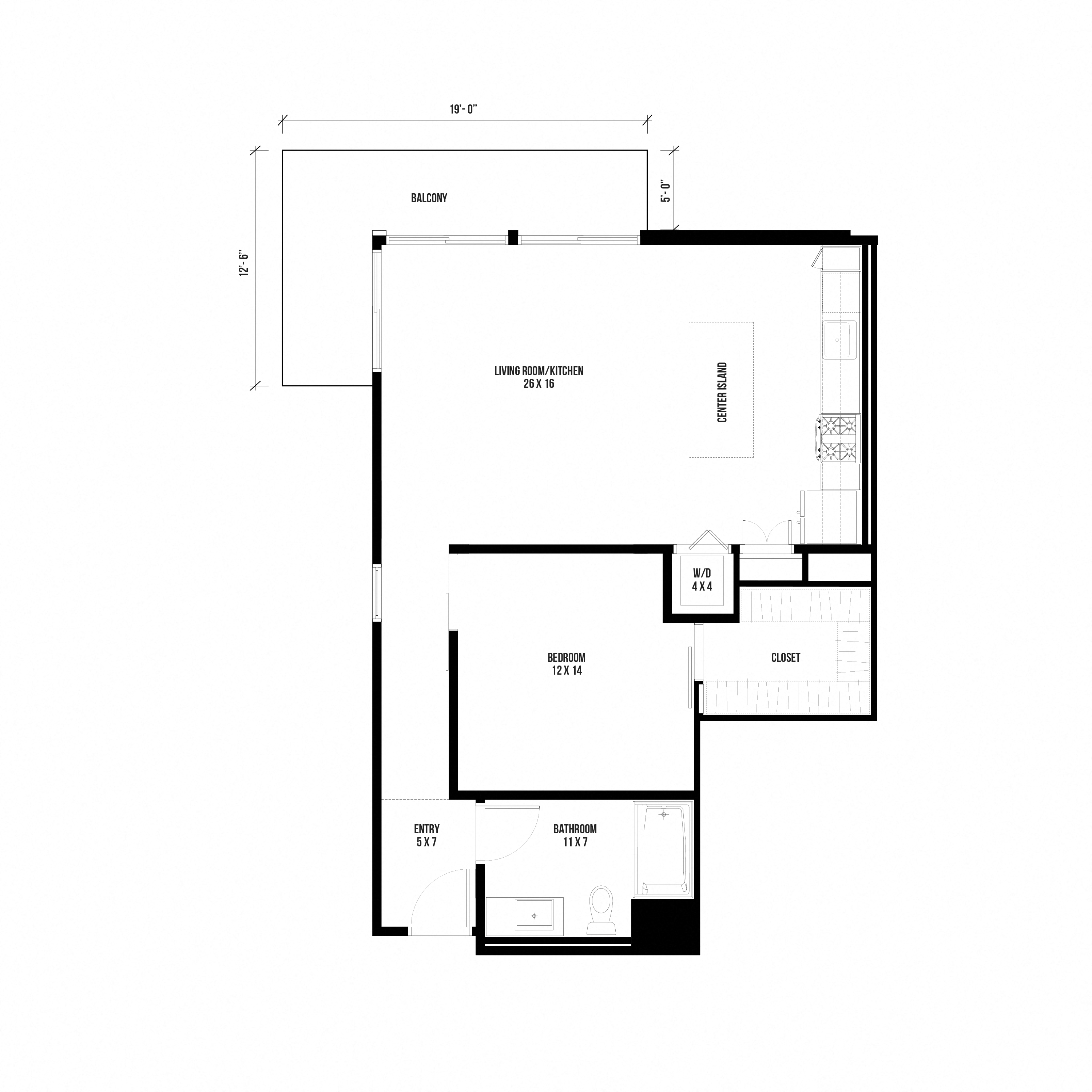 1B5 – 1 Bedroom 1 Bath Floor Plan Layout – 839 Square Feet