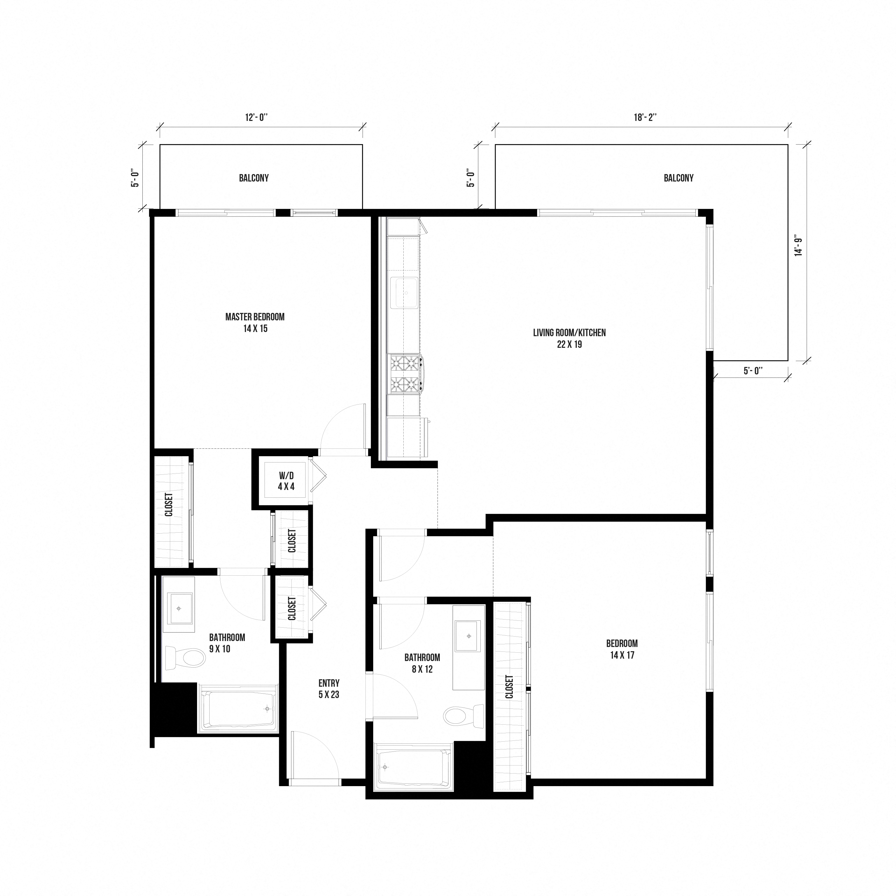 2B1 – 2 Bedroom 2 Bath Floor Plan Layout – 1257 Square Feet