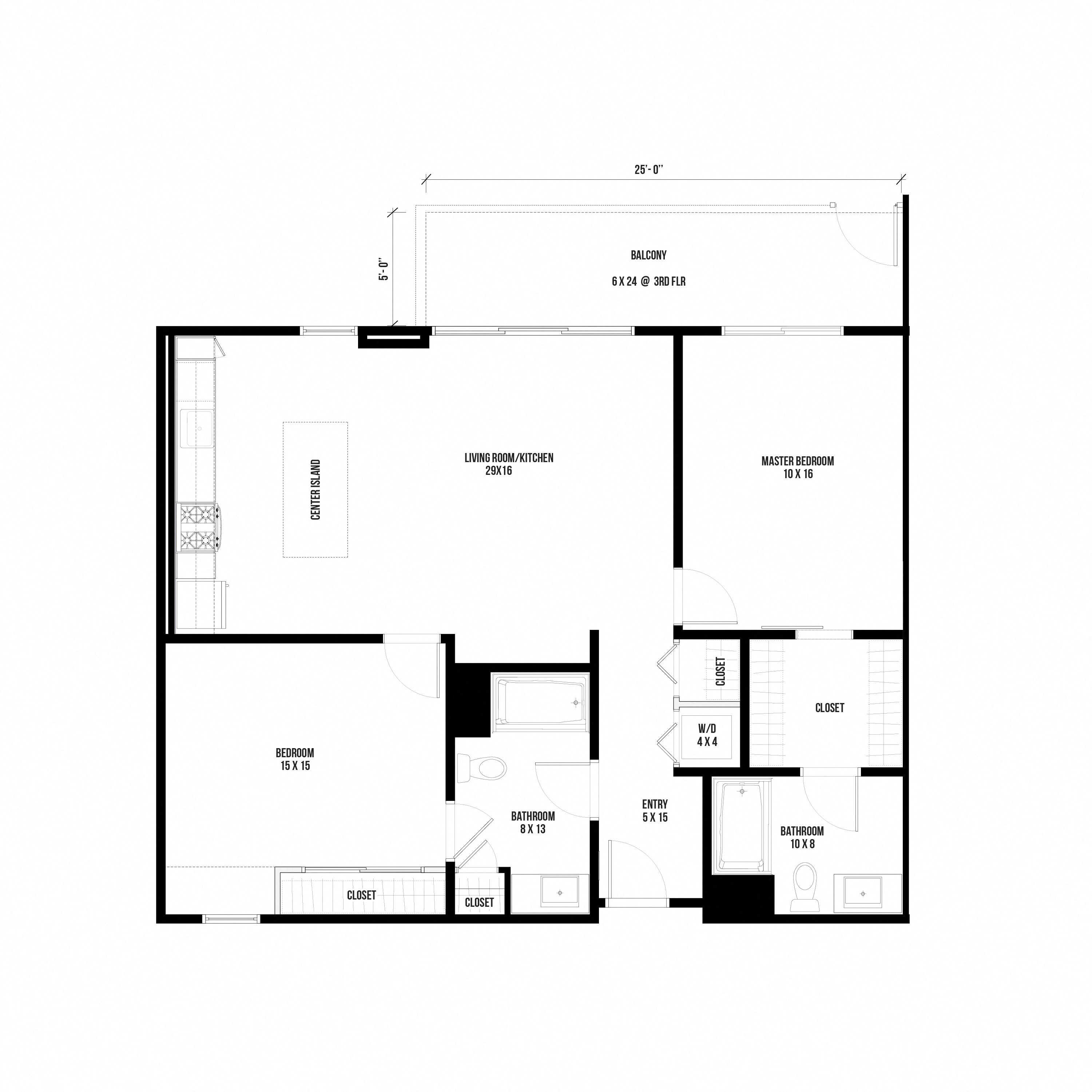 2B2 – 2 Bedroom 2 Bath Floor Plan Layout – 1136 Square Feet