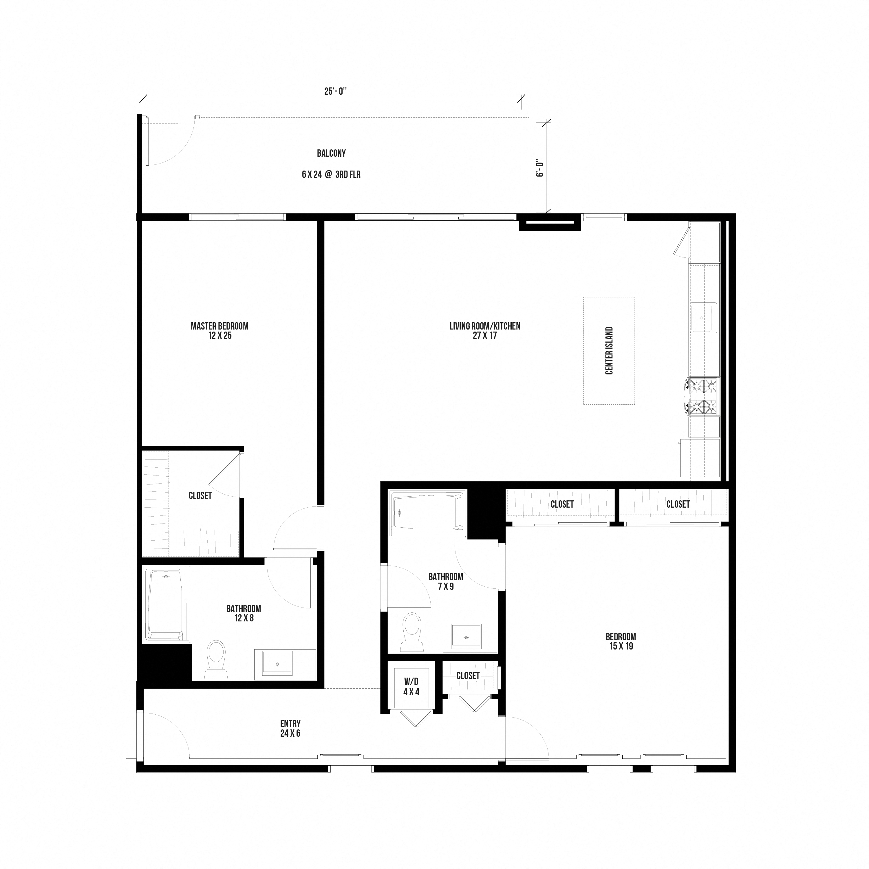 2B3 – 2 Bedroom 2 Bath Floor Plan Layout – 1330 Square Feet