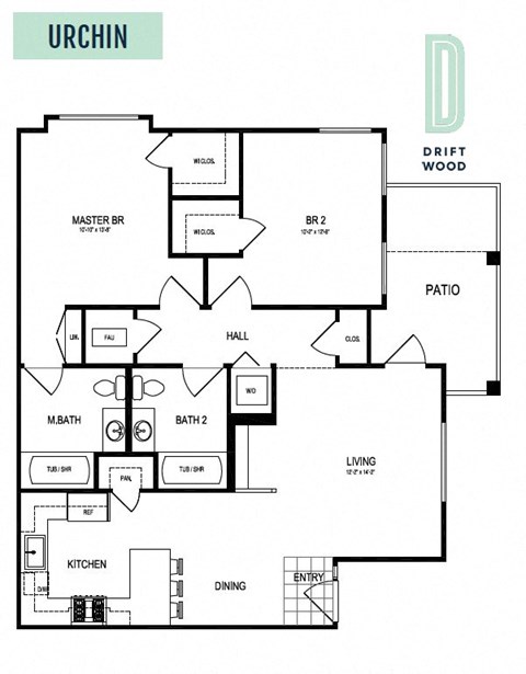 2 Bedroom 2 Bath Floor Plan Layout - 1073 Square Feet  at Driftwood, San Diego, CA
