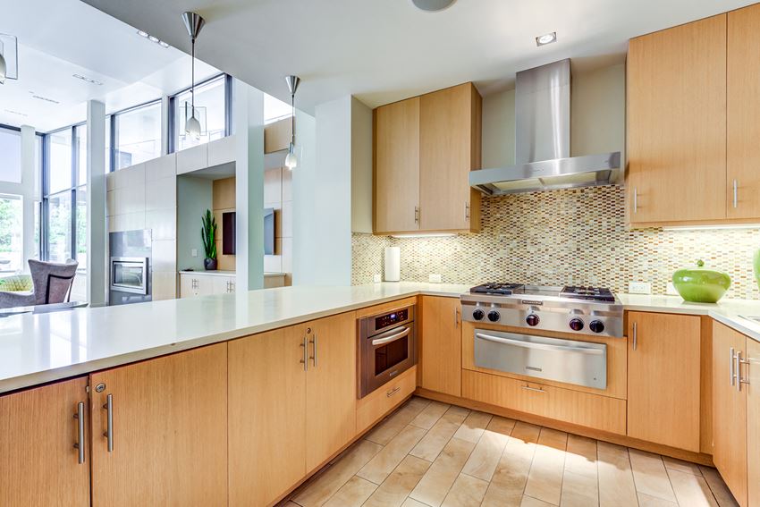 Mission Bay San Francisco Apartments-Venue Apartments Kitchen With Wooden Cabinetry And Multi-Colored Tile Backsplash