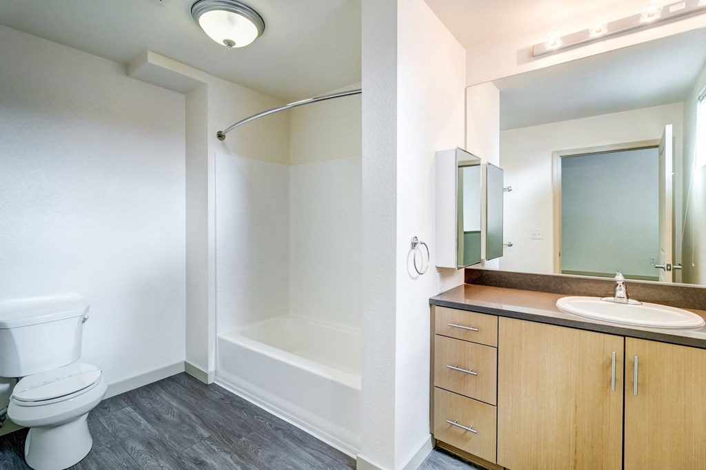 Bathroom with a Toilet, a Sink, a Shower, a Mirror, and Hardwood-Style Flooring at Venue, San Francisco, California