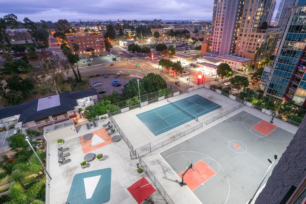 Overhead view of basketball court and tennis court