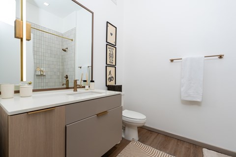 A bathroom with a white counter top and a toilet.