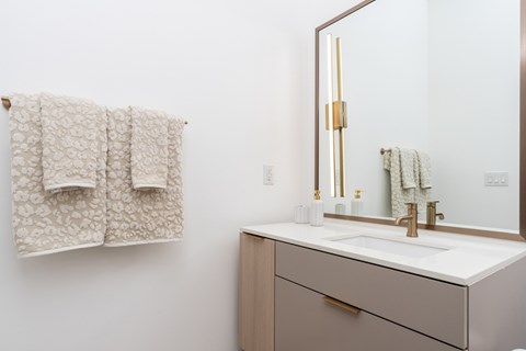 A bathroom with a white sink and a mirror.