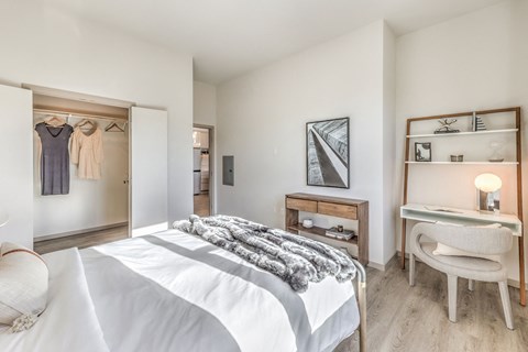 a bedroom with a bed and a desk and a closet