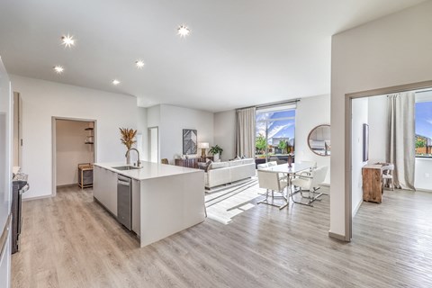 a living room with a kitchen and a dining room