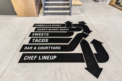 Floor sign with arrows to different types of food