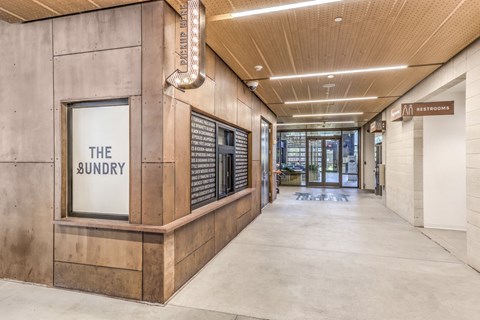 The Sundry pickup window with restrooms nearby