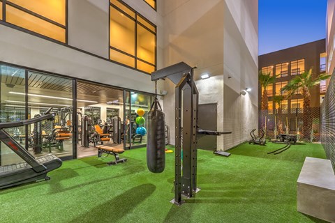 A gym with a green floor and various exercise equipment.