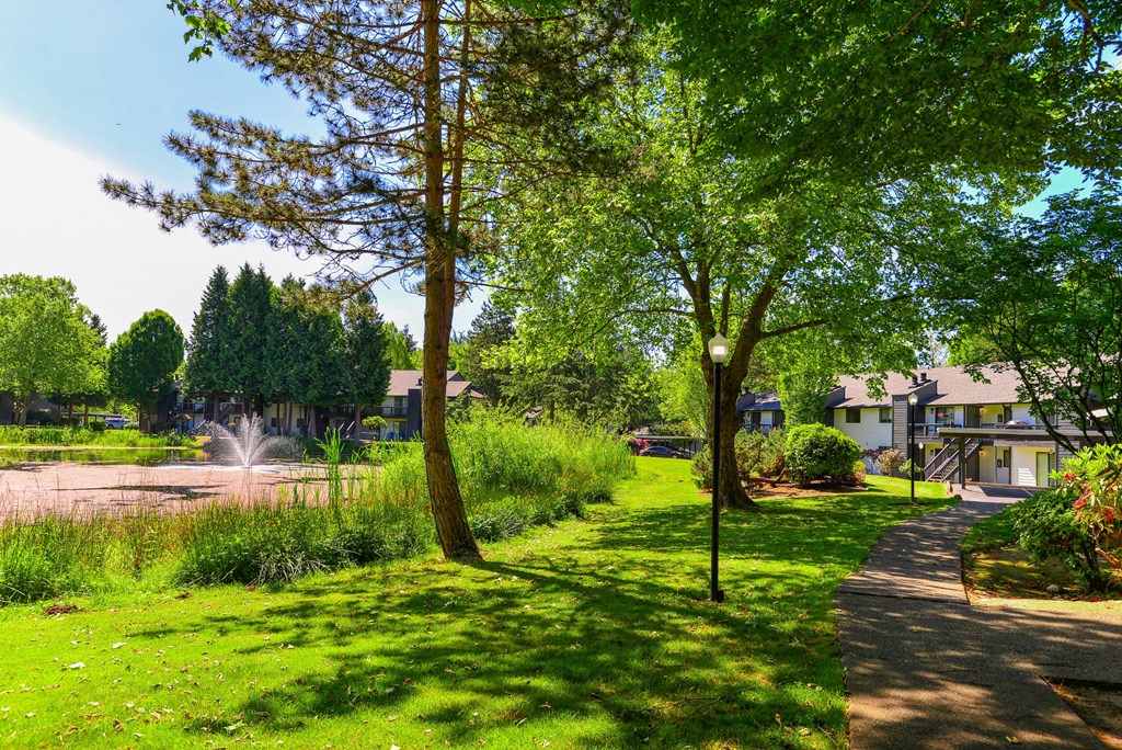 Tree lined walk way with grass at Woodlake Apartments, Washington