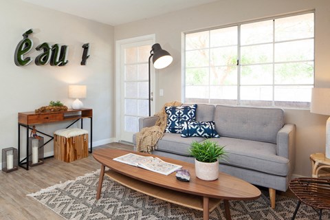 Living area with large windows at Driftwood, San Diego, California