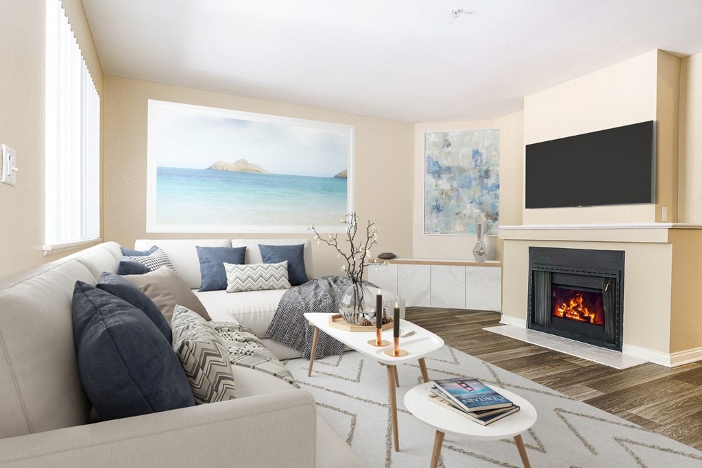 Furnished Living Room with Fireplace and Wood-Style Flooring at Westlake Canyon, Thousand Oaks, California