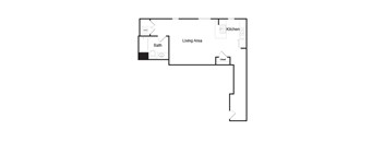 A floor plan of a house with a living area, kitchen, bath, and closet.