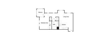 A floor plan of a home with a living area, sleeping area, kitchen, bath, and balcony.