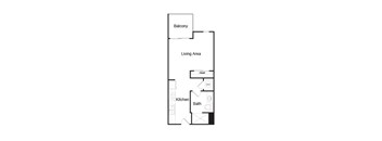 A floor plan of an apartment with a living area, kitchen, bath, and balcony.