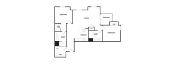 A black and white image of a house floor plan with a living room, kitchen, two bedrooms, a bathroom, and a balcony.