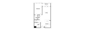 A floor plan of a home with a bedroom, living room, kitchen, bath, and balcony.