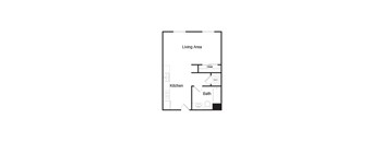 A floor plan of a small apartment with a kitchen, bathroom, and living area.