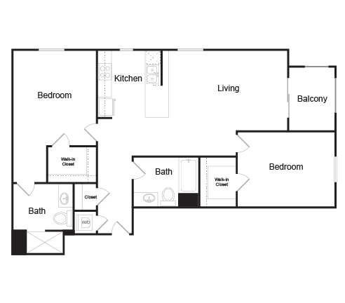 A floor plan of a home with a living room, kitchen, two bathrooms, and three bedrooms.