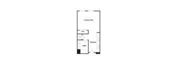 A floor plan of a small apartment with a living area, kitchen, and bath.
