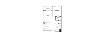 A floor plan of a small apartment with a living room, kitchen, bathroom, and bedroom.