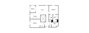 A floor plan of a house with a balcony, two bedrooms, a living room, a kitchen, a bathroom, and a walk-in closet.