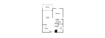 A floor plan of an apartment with a living room, kitchen, bedroom, bathroom and balcony.