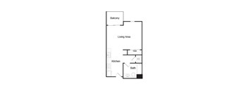 A floor plan of a house with a living area, kitchen, bath, and balcony.