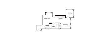 A floor plan of a house with a living area, kitchen, sleeping area and bathroom.