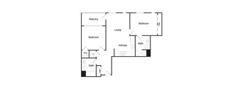 A floor plan of a home with a balcony, two bedrooms, a living room, a kitchen, and two bathrooms.