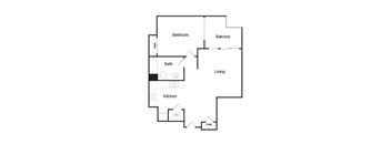 A floor plan of a living space showing a kitchen, bathroom, bedroom, and balcony.