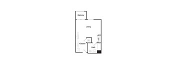 A floor plan of a home with a living room, kitchen, bathroom and balcony.