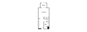 A floor plan of a house with a living area, bathroom, and balcony.