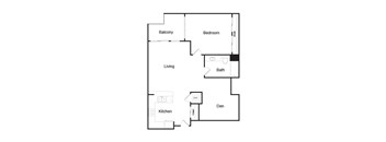 A floor plan of a home with a living room, kitchen, bedroom, bathroom and den.