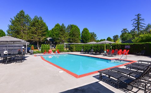 Poolside Lounge Seating, Tables with Umbrellas, and Surrounding Hedges and Trees at Woodlake Apartments, Kirkland 98034