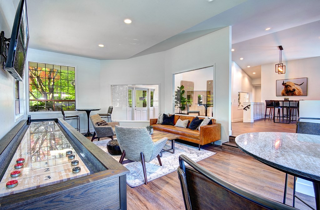 Clubhouse with sitting area at Woodlake Apartments, Kirkland, WA 98034