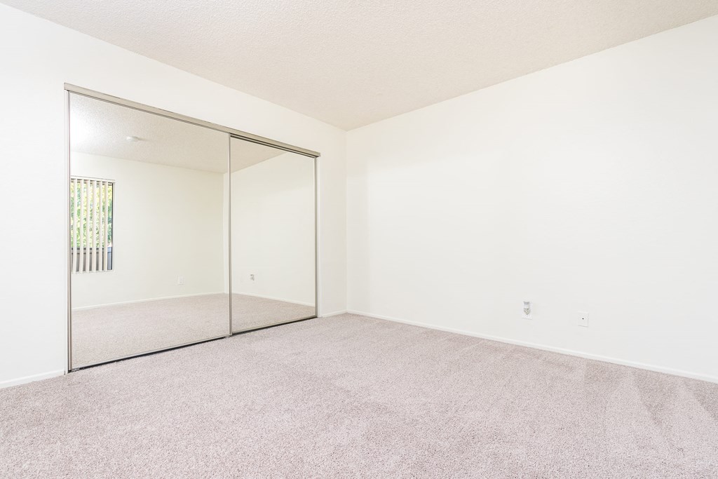 Bedroom with large mirror and closet
