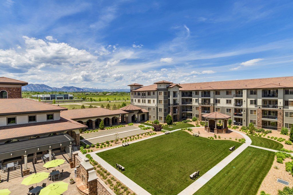Courtyard with Manicured Lawn, Benches, and Gazeebo at Terracina, Broomfield, CO 80020