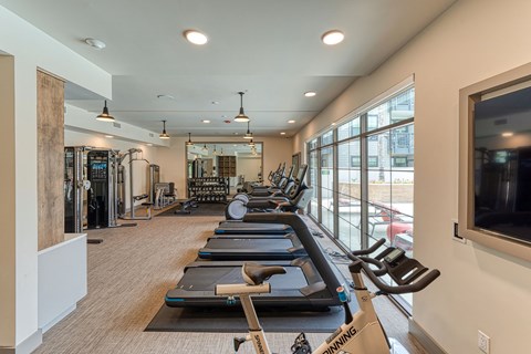A gym with treadmills and other exercise equipment.