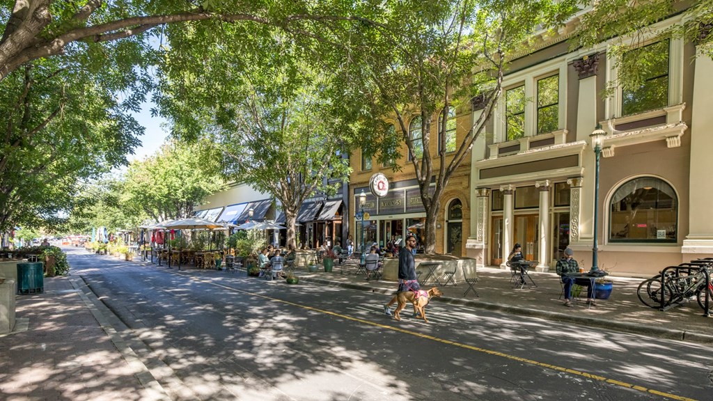 a city street with people walking a dog    and buildings at Avenue Two Apartments, California, 94063