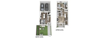 a before and after image of an apartment floor plan with an upper level and a lower level