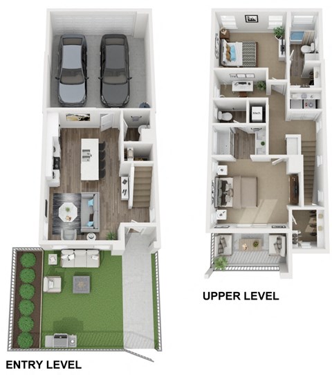 a before and after image of an apartment floor plan with an upper level and a lower level