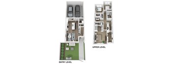 a floor plan of an apartment with two bedrooms and two bathrooms