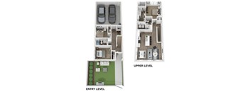 a floor plan of two bedrooms with an entry and an upper level with a carport